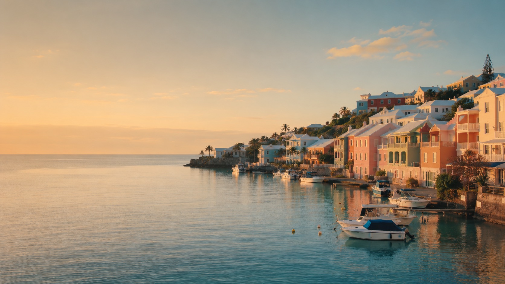 A pastel Bermuda harbour town at golden hour