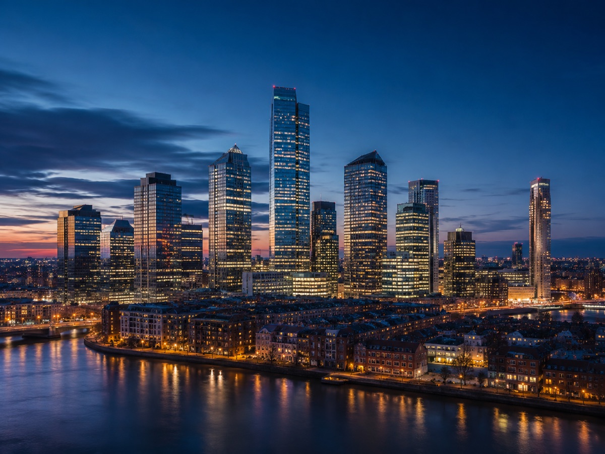 International financial district skyline at dusk