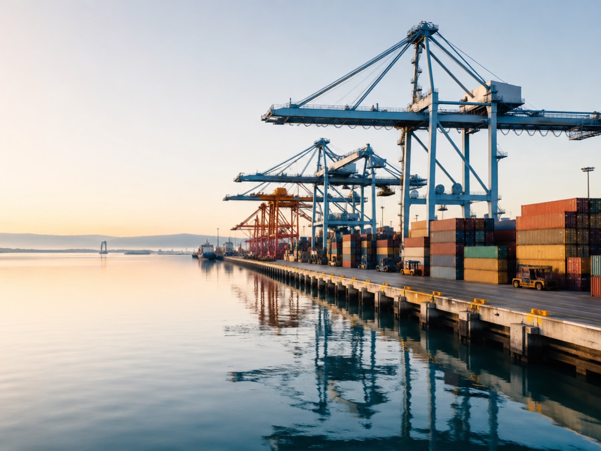 Commercial shipping port at dawn